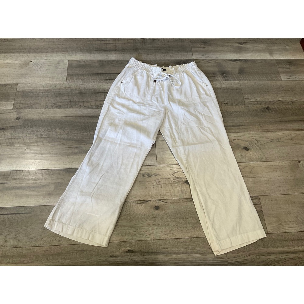 Beau Dawson White Linen Blend Wide Leg Smocked Waist Pants Petite XL - Picture 3 of 8